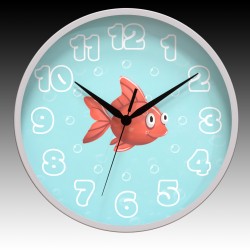 Cute Red Fish Round Wall Clock with Black Hour, Minute, and Seconds hands. 11.75" diameter.