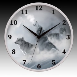 3-Wolf Moon Round Wall Clock with Black Hour, Minute, and Seconds hands. 11.75" diameter.