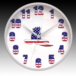 Eagle with Flag Colors, Round Wall Clock with Gray Hour, Minute, and Seconds hands. 11.75" diameter.