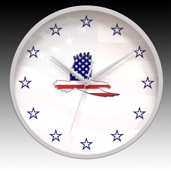 Eagle with Flag Colors and Stars, Round Wall Clock with Gray Hour, Minute, and Seconds hands. 11.75" diameter.