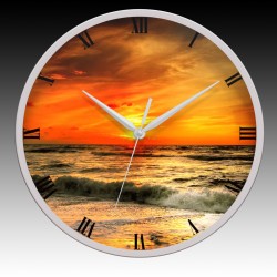 Beach Sunset/Sunrise Wall Clock with Gray Hour, Minute, and Seconds hands. 11.75" diameter.