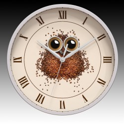 Coffee Bean Owl Round Wall Clock with Gray Hour, Minute, and Seconds hands. 11.75" diameter.