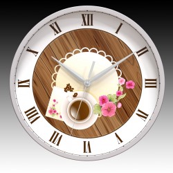 Coffee on Table Round Wall Clock with Gray Hour, Minute, and Seconds hands. 11.75" diameter.