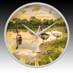 Geese with Gray Hour, Minute, and Seconds hands. 11.75" diameter.