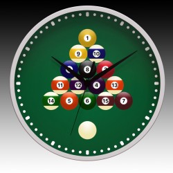 Racked Billiards Round Wall Clock with Black Hour, Minute, and Seconds hands. 11.75" diameter.