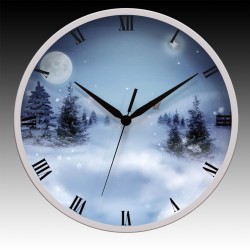 Winter Snow Round Wall Clock with Black Hour, Minute, and Seconds hands. 11.75" diameter