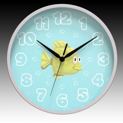 Cute Green Fish Round Wall Clock with Black Hour, Minute, and Seconds hands. 11.75" diameter.